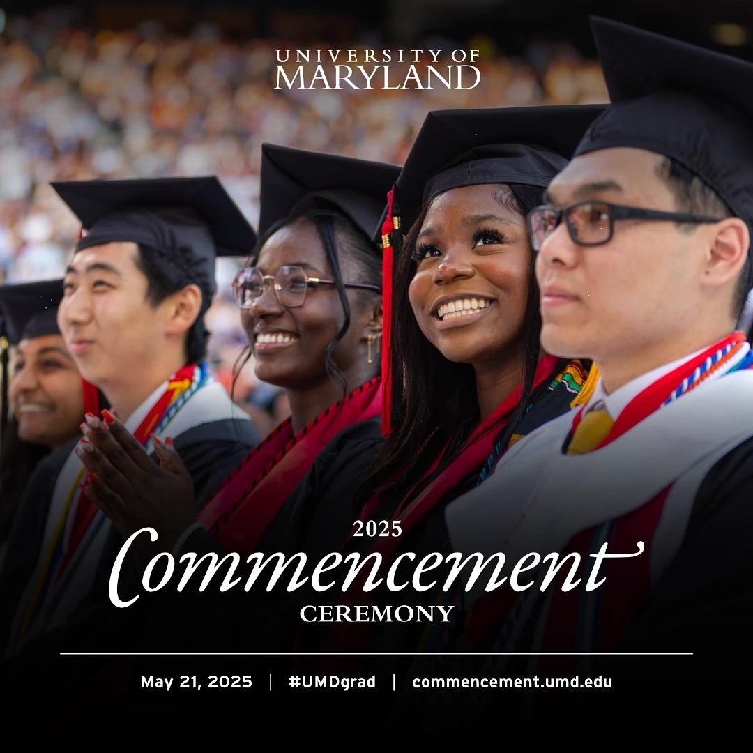 Graduates in caps and gowns smile during the University of Maryland's 2025 Commencement Ceremony.