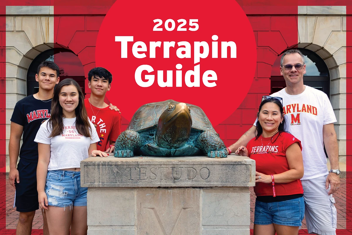 A group of people pose around a turtle statue, with the text "2025 Terrapin Guide" above them.