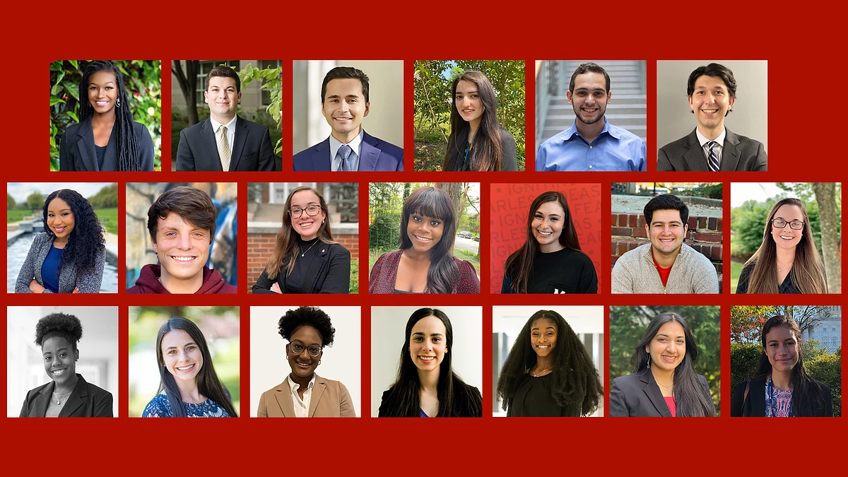 20 student headshots on red background