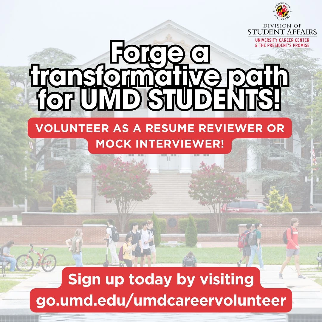 The image is a recruitment flyer by the University of Maryland Division of Student Affairs, encouraging individuals to volunteer as resume reviewers or mock interviewers to help UMD students.