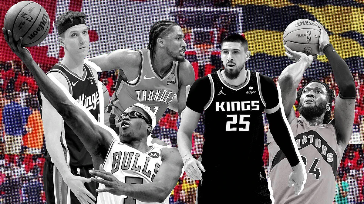 The image features five basketball players in various poses against a colorful, blurred background.