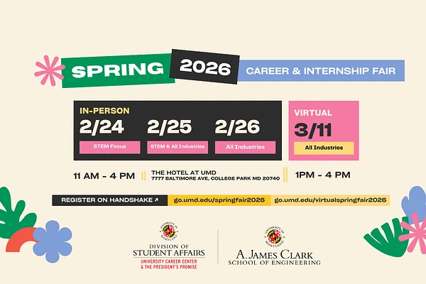 The image is an advertisement for the Spring 2026 Career & Internship Fair at the University of Maryland, detailing in-person dates (February 24-26) and a virtual date (March 11).