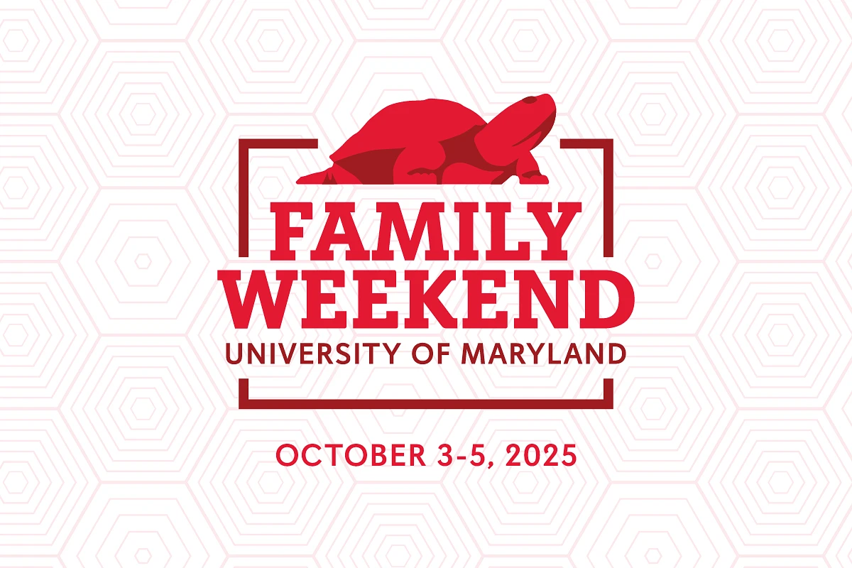 The image promotes the University of Maryland's Family Weekend from October 3-5, 2025, featuring a red terrapin graphic and a hexagonal pattern background.